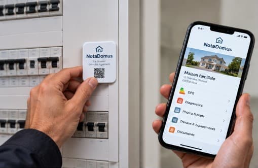 Pose de l’étiquette NotaDomus sur un tableau électrique, dossier ouvert sur le téléphone.
